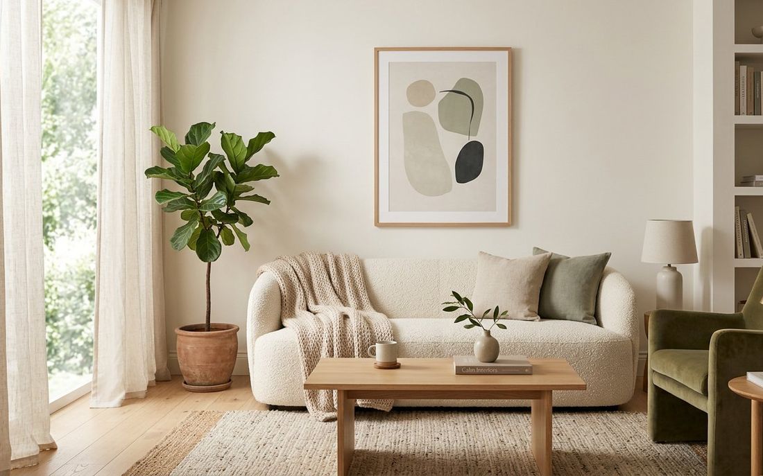 Cozy minimalist living room with cream sofa and olive green accent chair